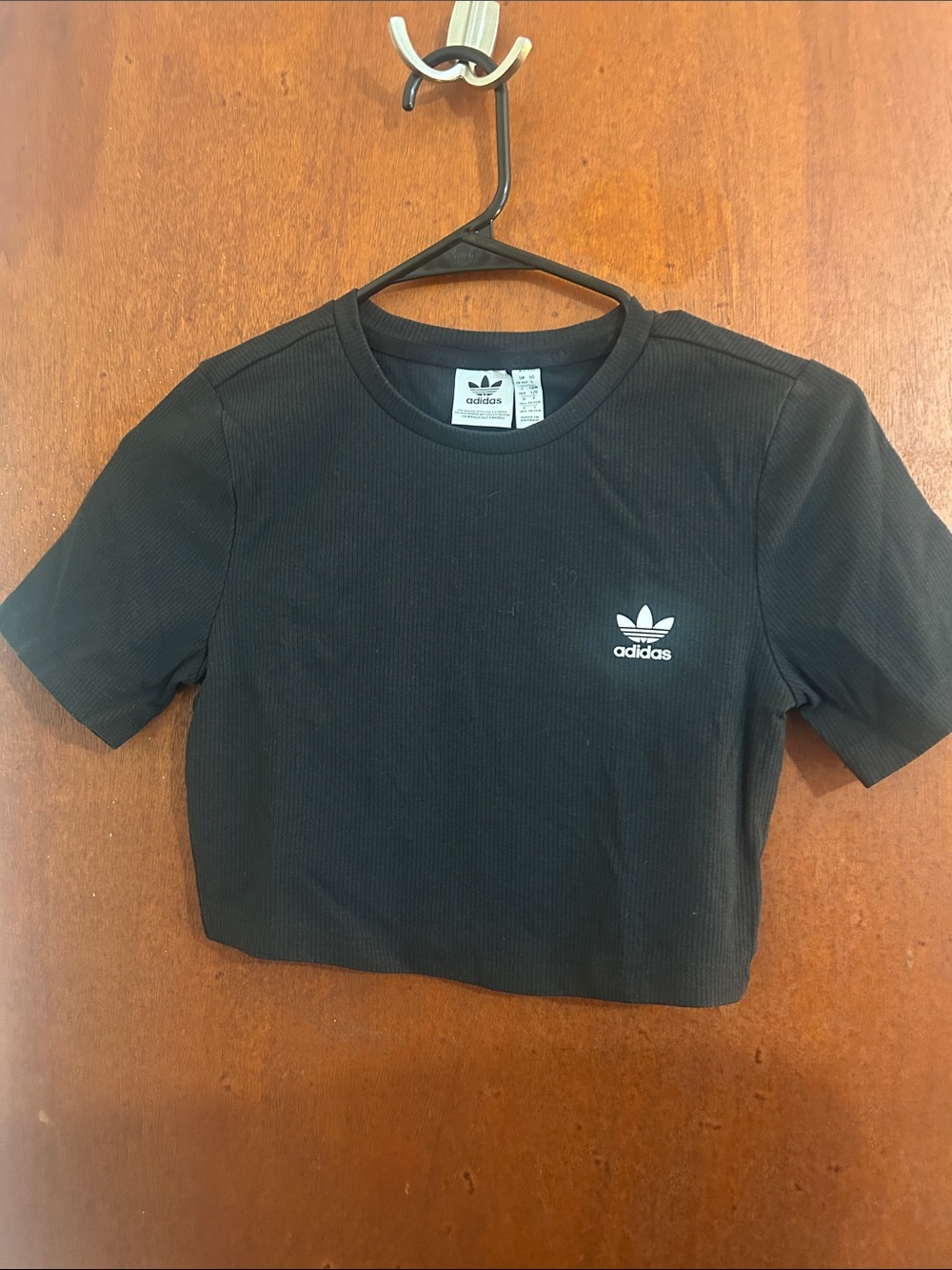 adidas Black Ribbed Cropped Tee with White Trefoil